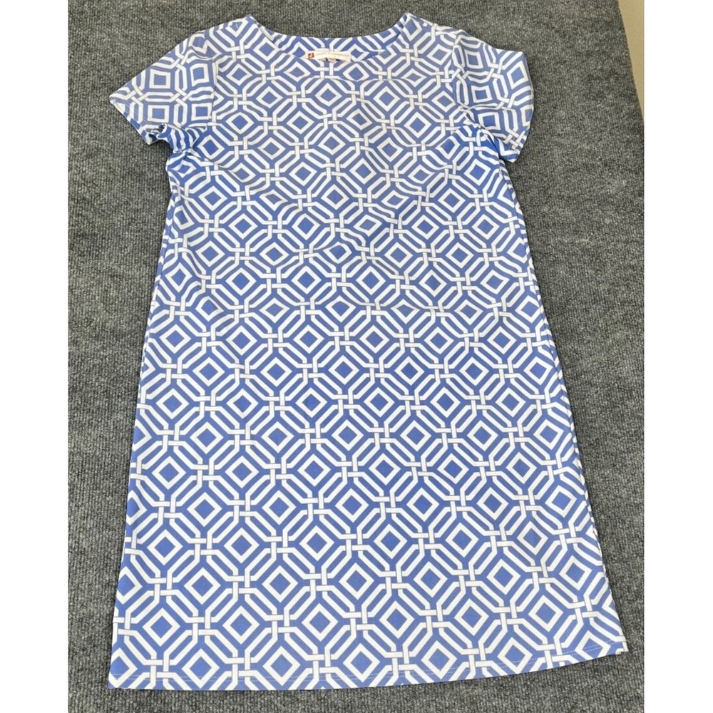 Jude Connally Geometrical Dress Blue White Short Sleeve Size 8